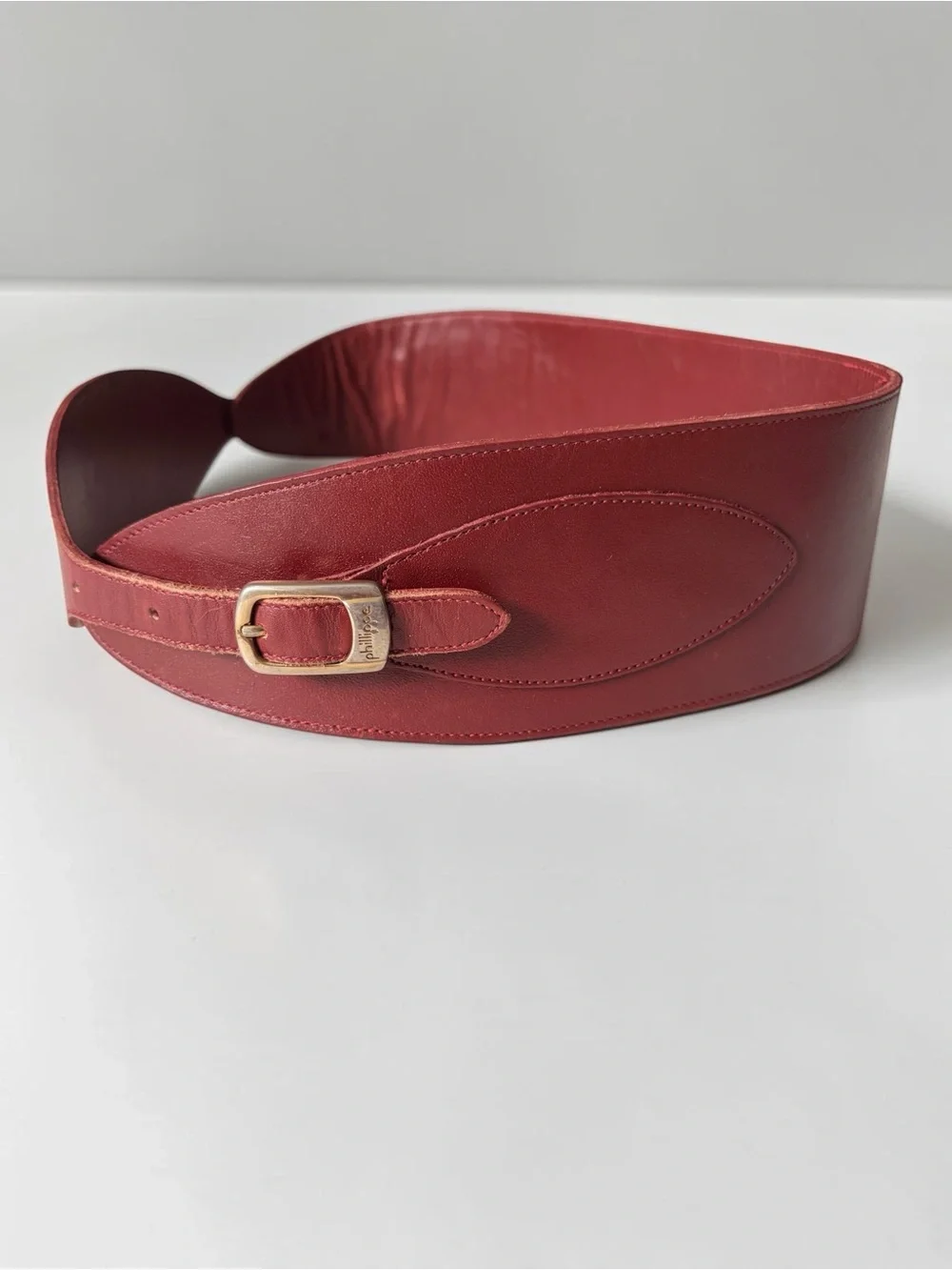 Vintage 80s Phillippe Wide Burgundy Leather Waist Belt with Gold Buckle Sz Small